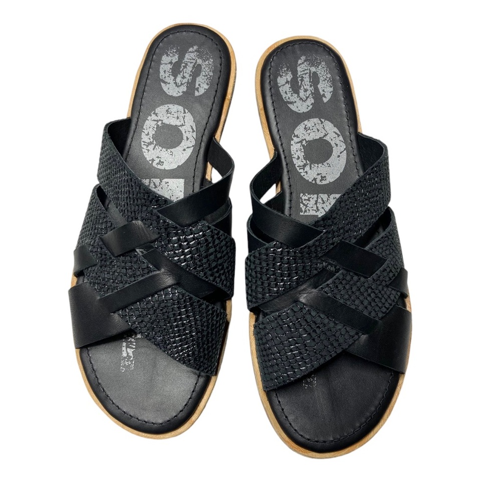 SOREL Ella Slide Sandals Woven Leather Flats Embossed Snakeskin Black Womens 8